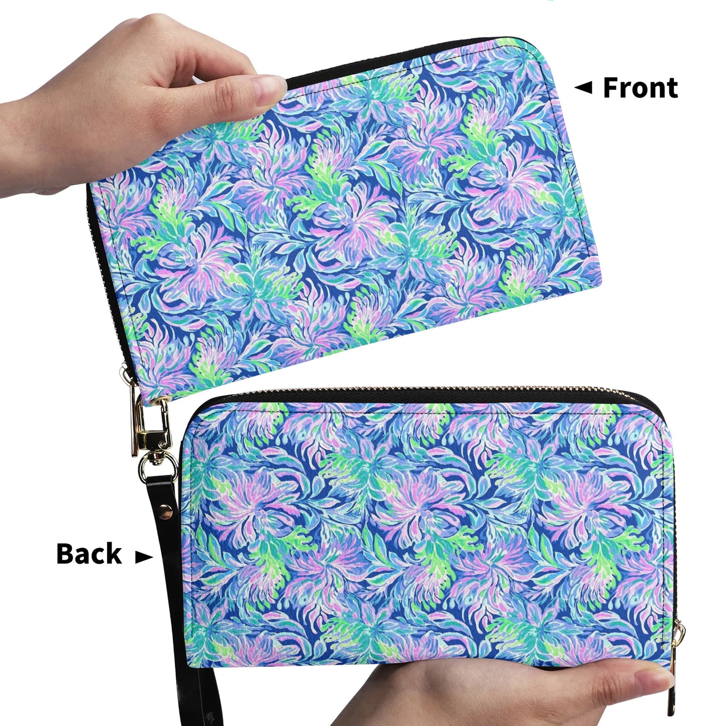 Seaside Serenade: Coastal Pink, Navy, and Green Tropical Blooms Dancing - Leather Wallet (PU)