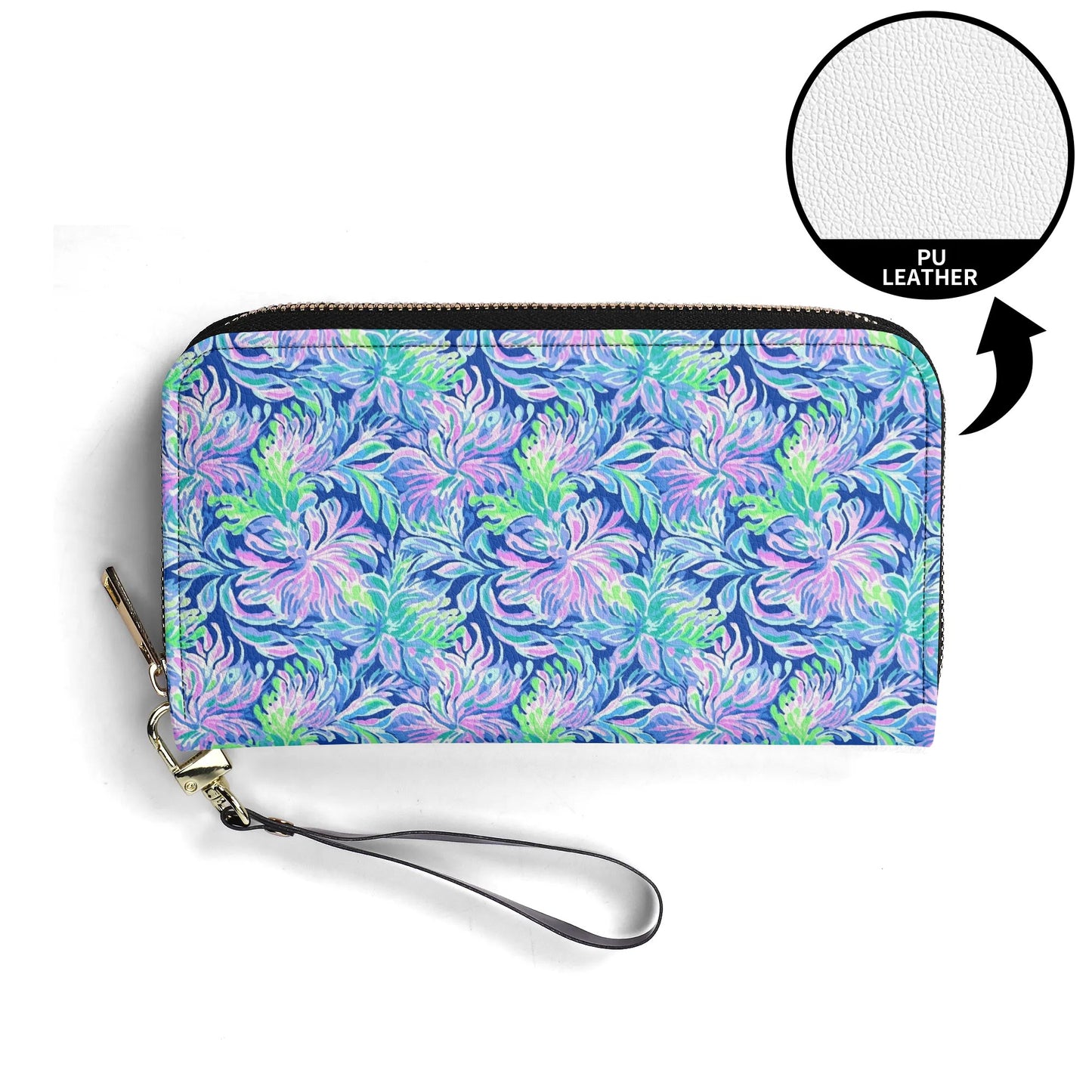 Seaside Serenade: Coastal Pink, Navy, and Green Tropical Blooms Dancing - Leather Wallet (PU)