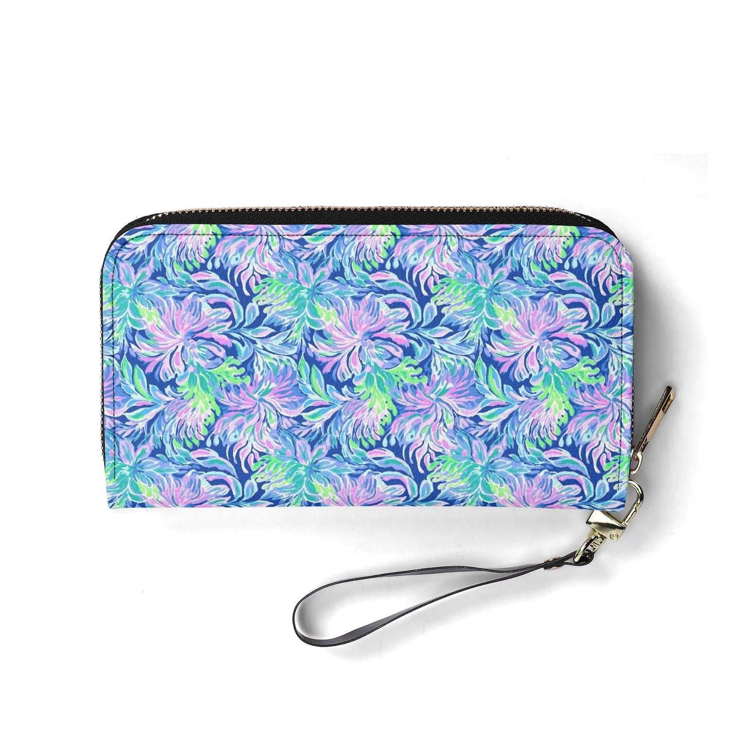 Seaside Serenade: Coastal Pink, Navy, and Green Tropical Blooms Dancing - Leather Wallet (PU)