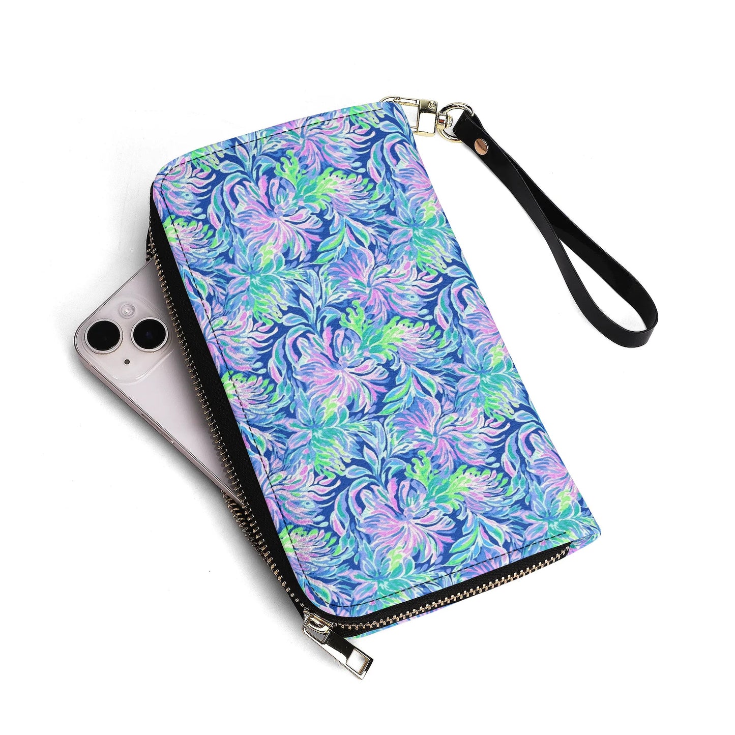 Seaside Serenade: Coastal Pink, Navy, and Green Tropical Blooms Dancing - Leather Wallet (PU)