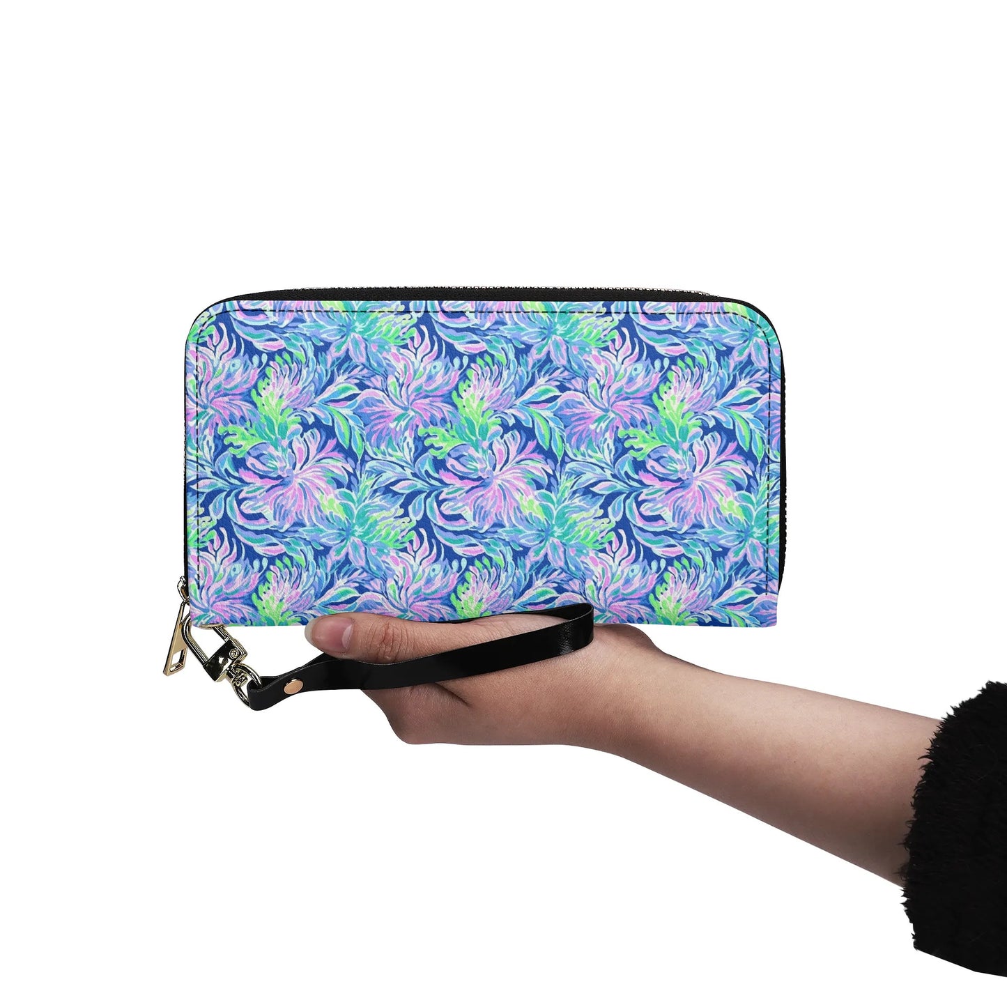 Seaside Serenade: Coastal Pink, Navy, and Green Tropical Blooms Dancing - Leather Wallet (PU)