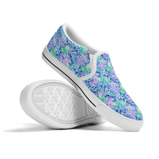 Seaside Serenade: Coastal Pink, Navy, and Green Tropical Blooms Dancing Womens Canvas Slip On Shoes US5-US12