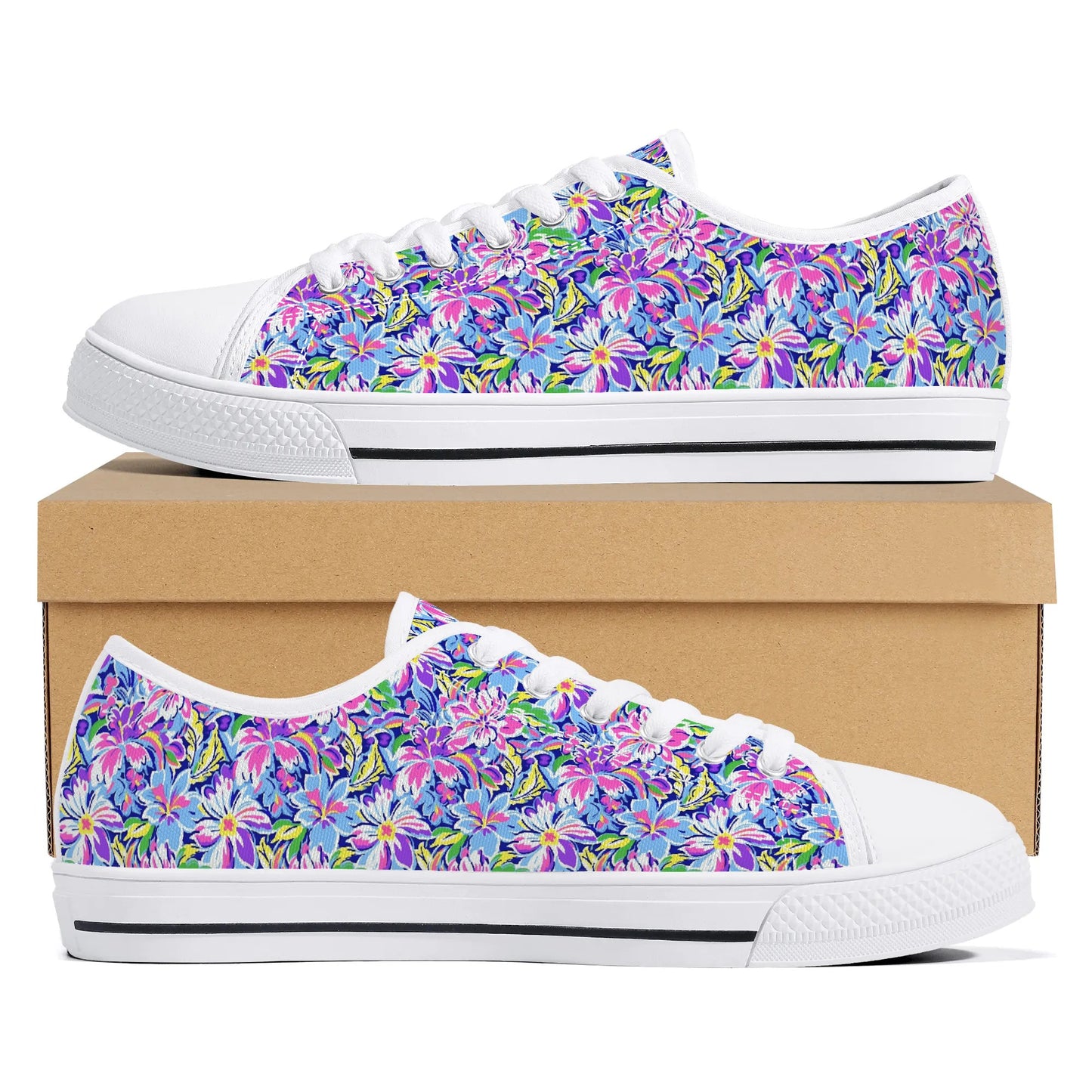 Tropical Burst: Vibrant Summer Flowers in Full BloomWomens Low Top Canvas Sneakers US5.5 - US12