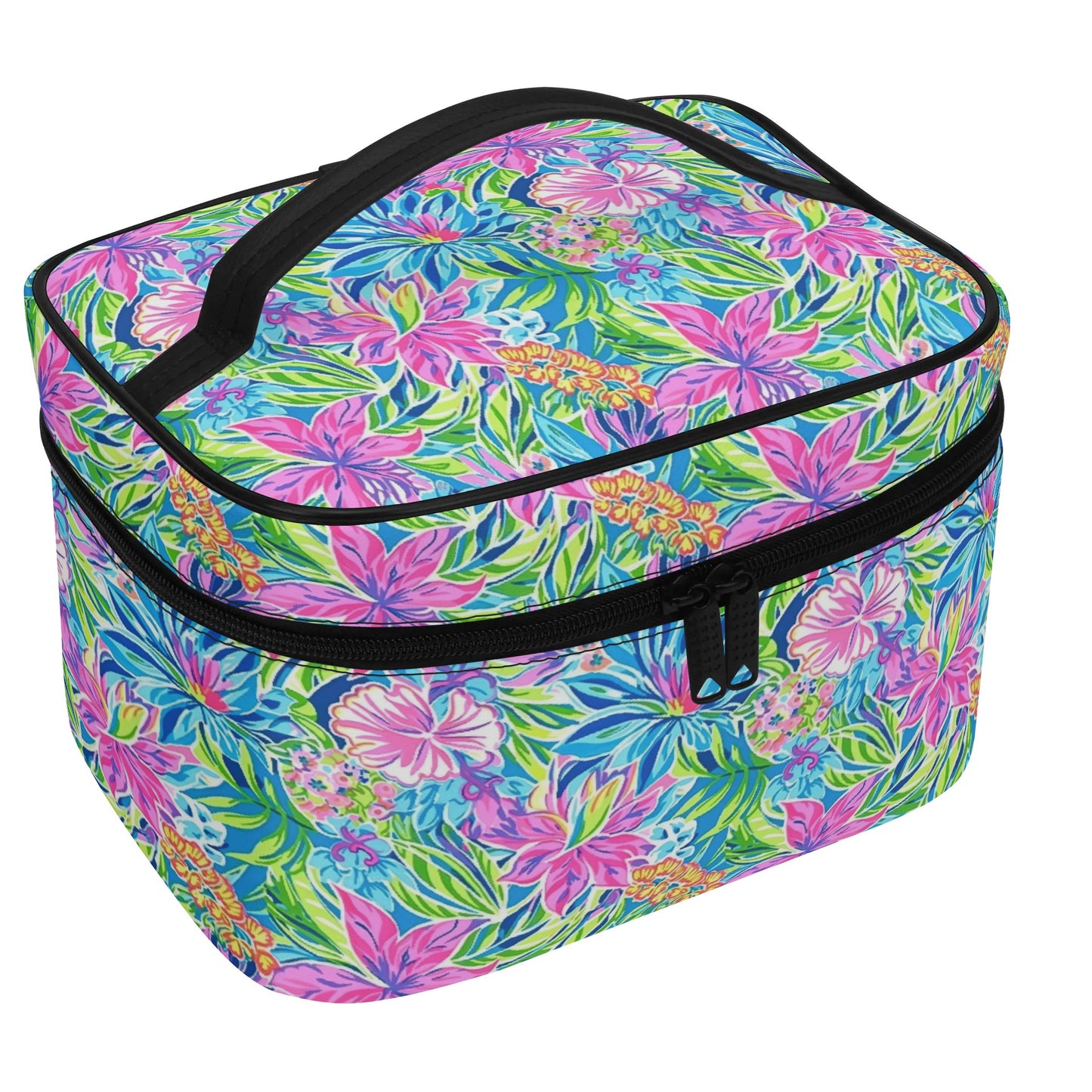 Summer Harmony: Pink and Blue Blooms with Lush Green Leaves Cosmetic or Toiletry Bag Faux Leather (PU)