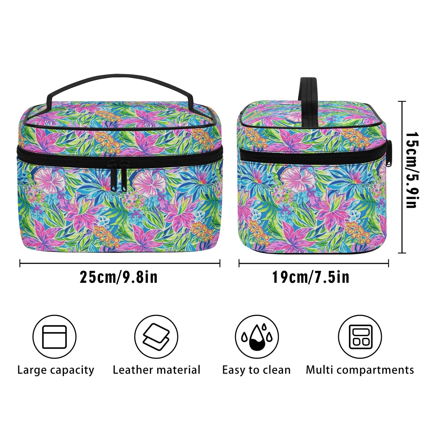 Summer Harmony: Pink and Blue Blooms with Lush Green Leaves Cosmetic or Toiletry Bag Faux Leather (PU)