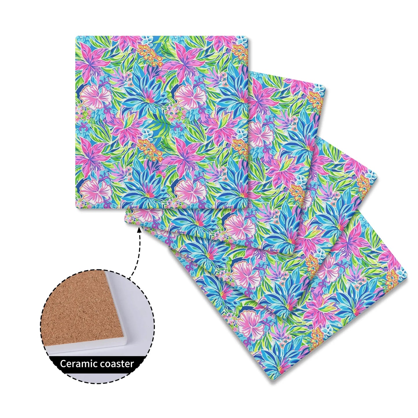 Summer Harmony: Pink and Blue Blooms with Lush Green Leaves Square Ceramic Coasters - Set of 4