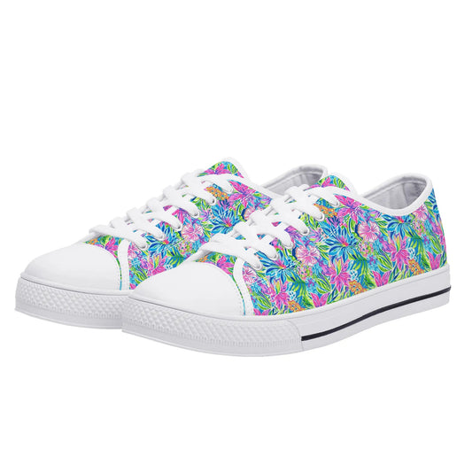 Summer Harmony: Pink and Blue Blooms with Lush Green Leaves Womens Low Top Canvas Sneakers US5.5 - US12