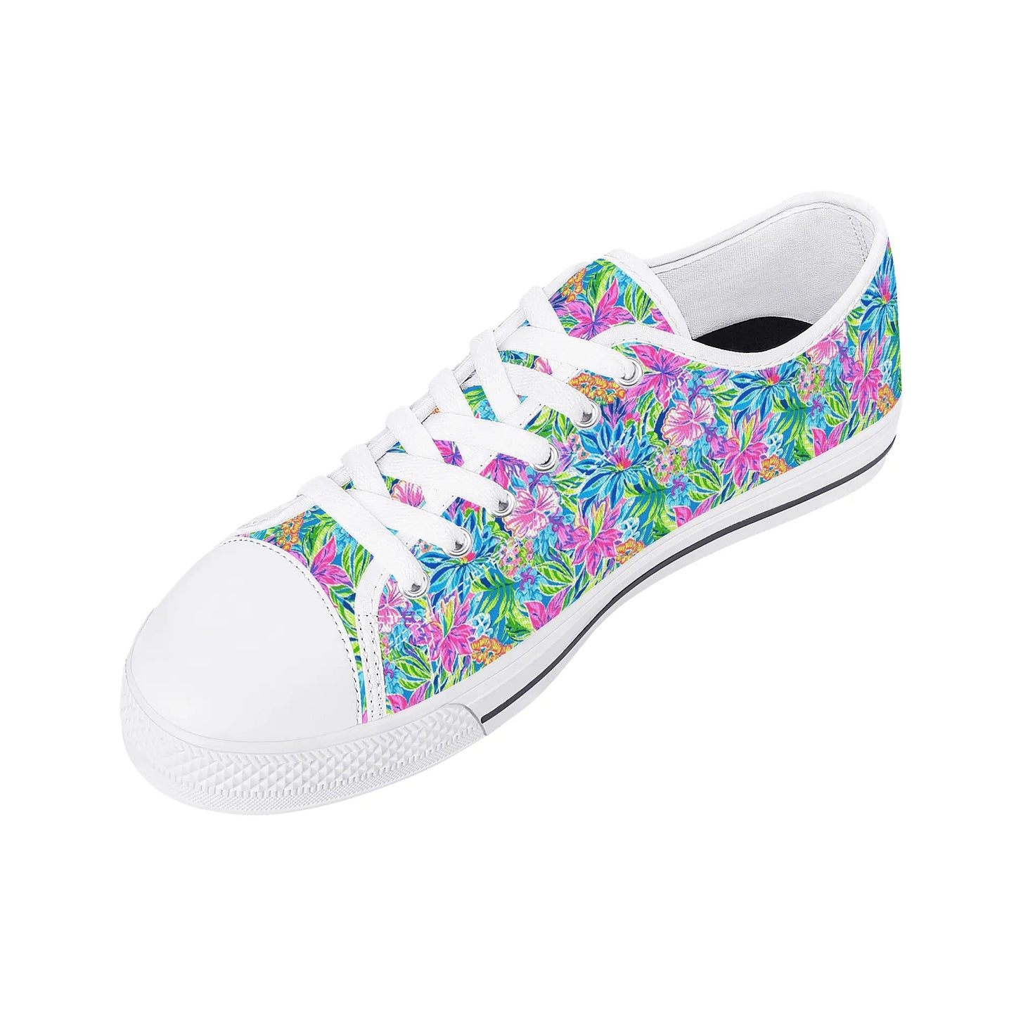 Summer Harmony: Pink and Blue Blooms with Lush Green Leaves Womens Low Top Canvas Sneakers US5.5 - US12