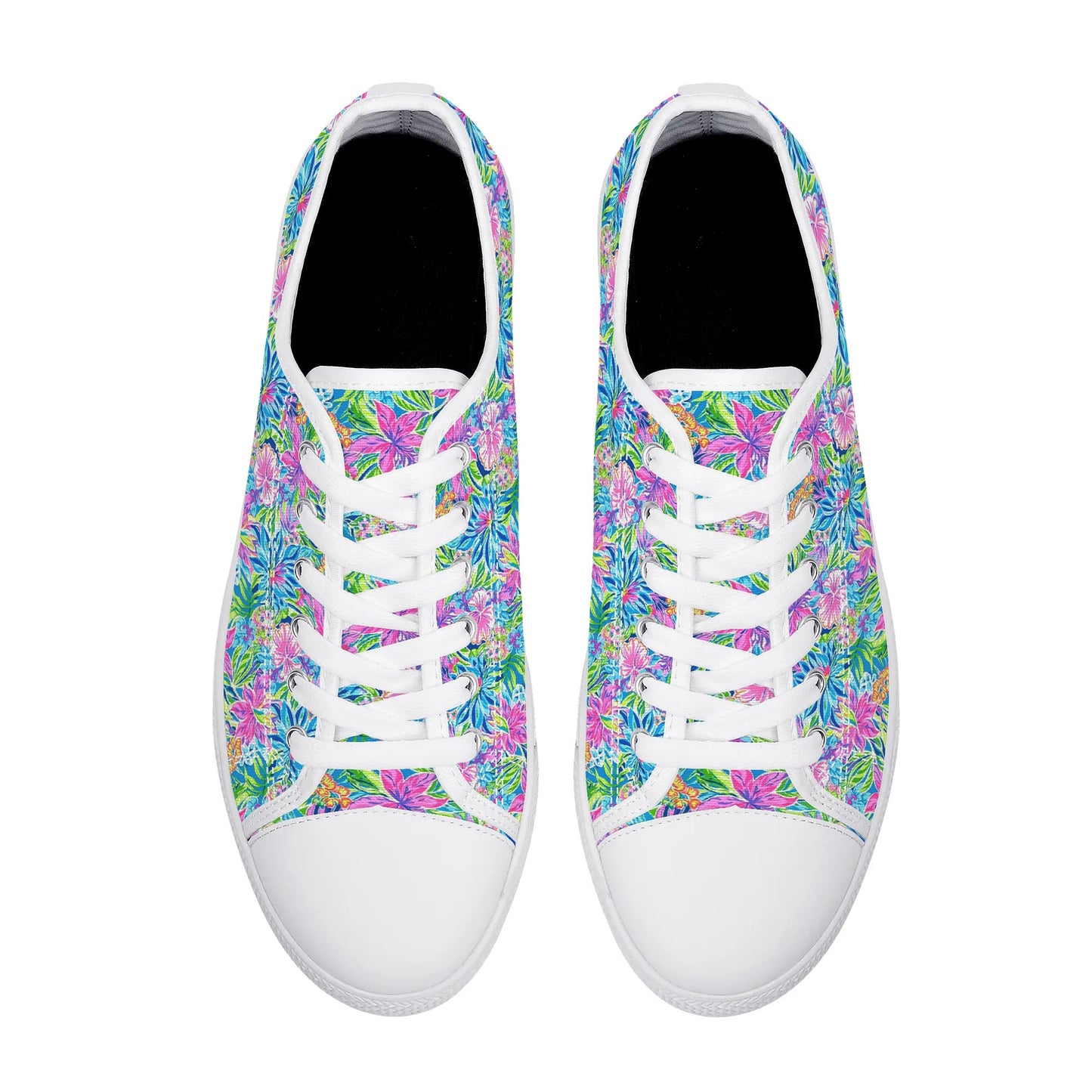 Summer Harmony: Pink and Blue Blooms with Lush Green Leaves Womens Low Top Canvas Sneakers US5.5 - US12