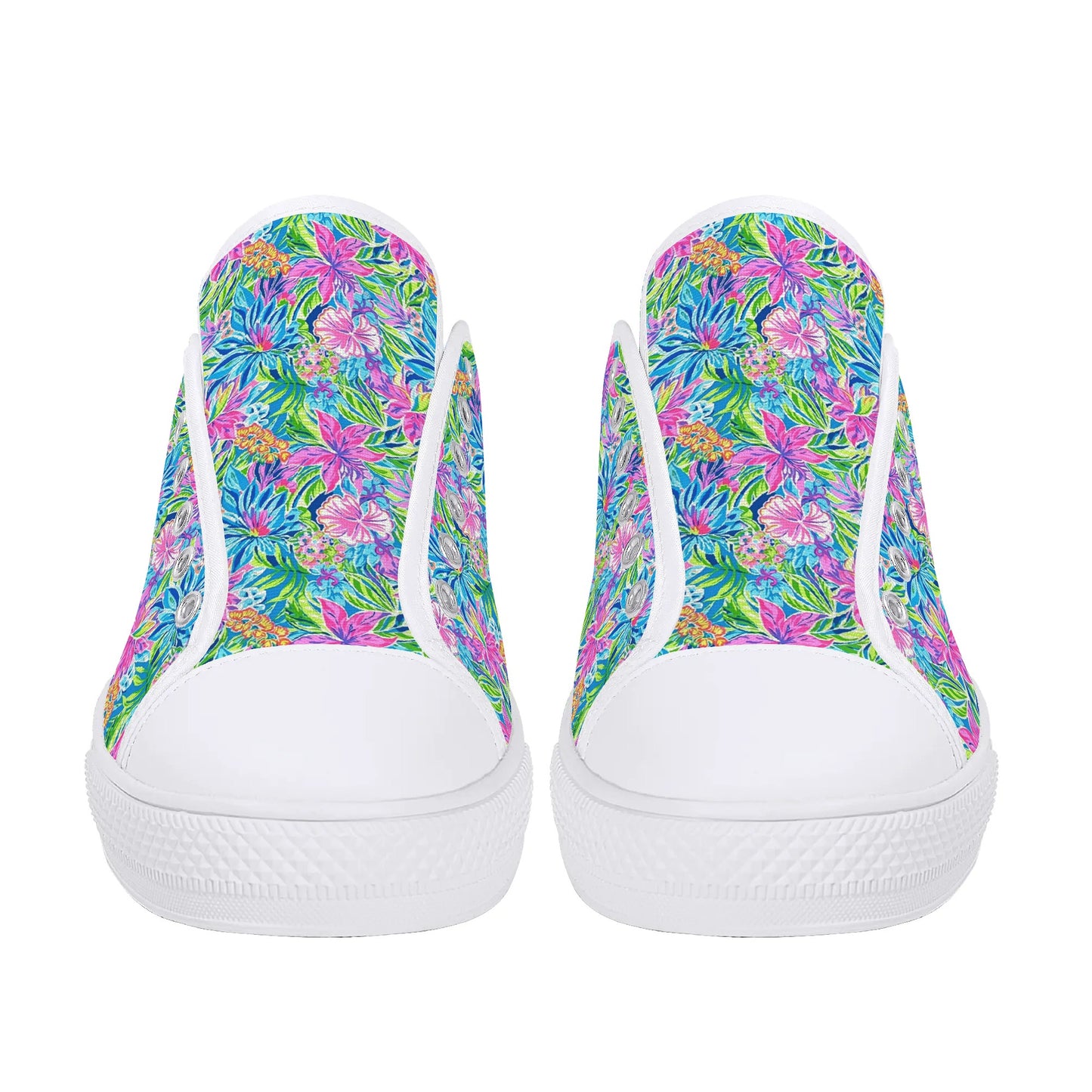 Summer Harmony: Pink and Blue Blooms with Lush Green Leaves Womens Low Top Canvas Sneakers US5.5 - US12