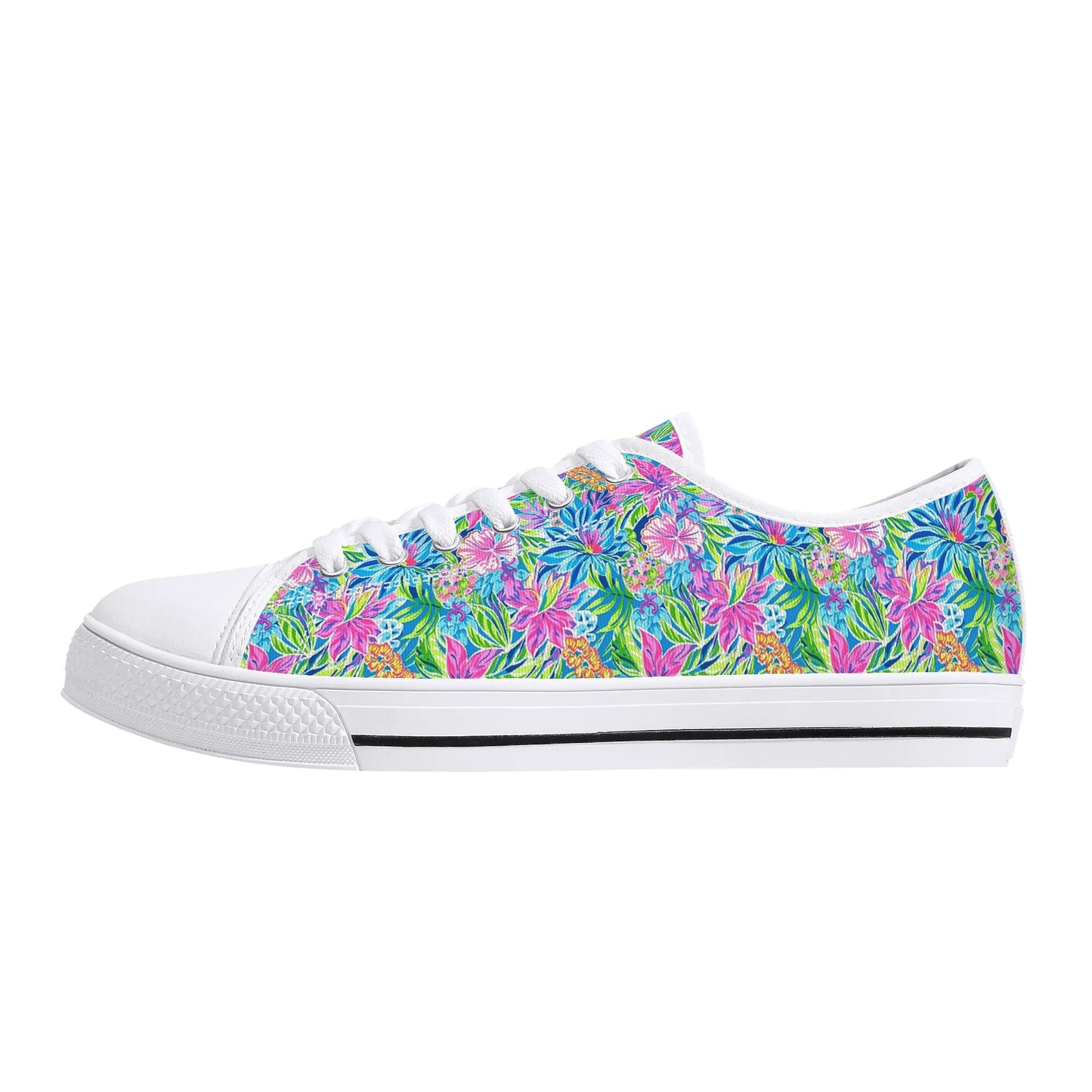 Summer Harmony: Pink and Blue Blooms with Lush Green Leaves Womens Low Top Canvas Sneakers US5.5 - US12