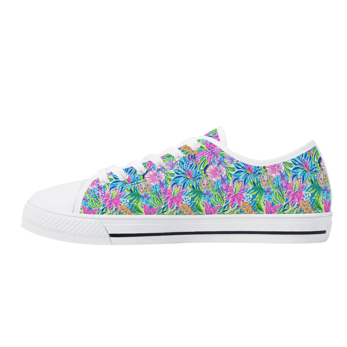 Summer Harmony: Pink and Blue Blooms with Lush Green Leaves Womens Low Top Canvas Sneakers US5.5 - US12