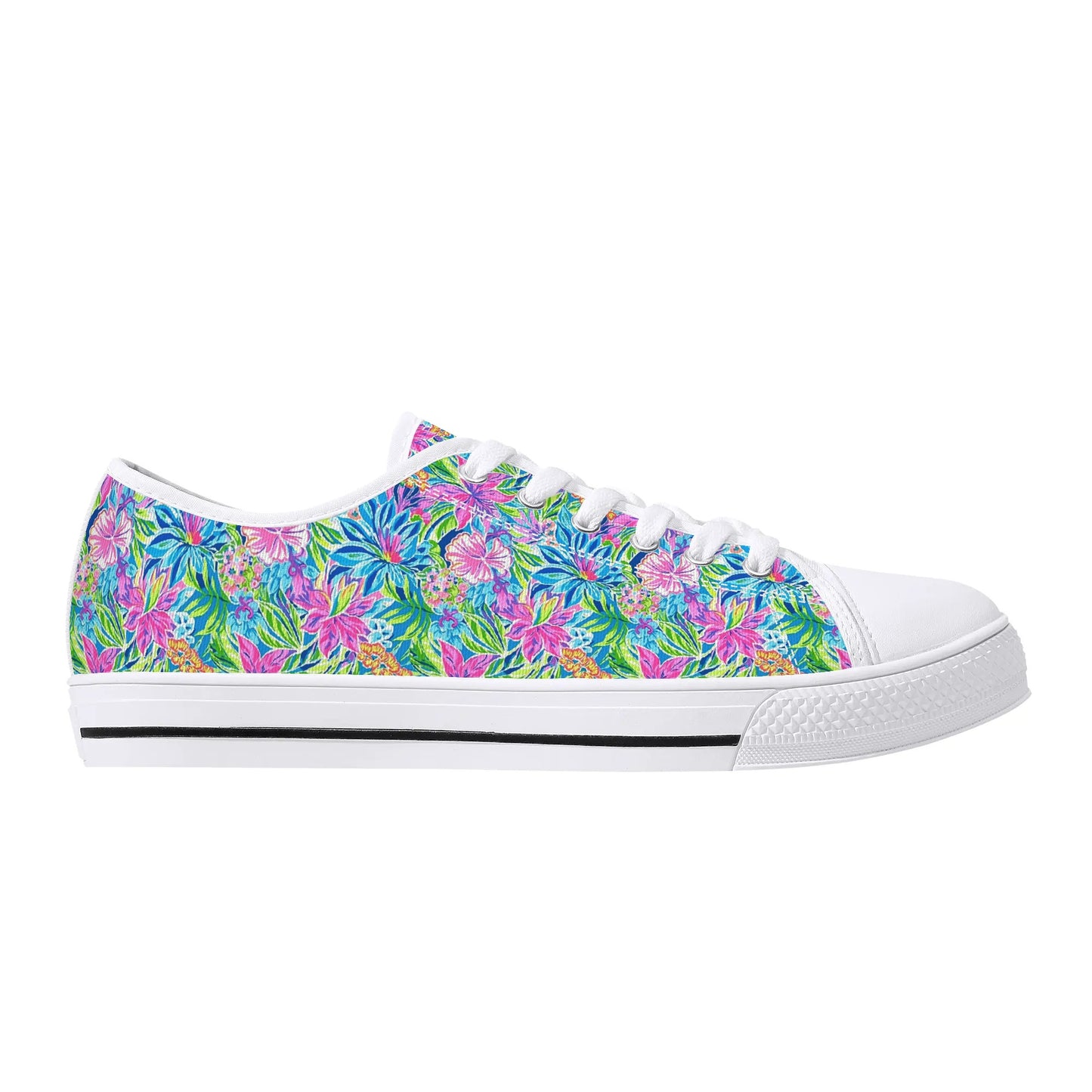 Summer Harmony: Pink and Blue Blooms with Lush Green Leaves Womens Low Top Canvas Sneakers US5.5 - US12