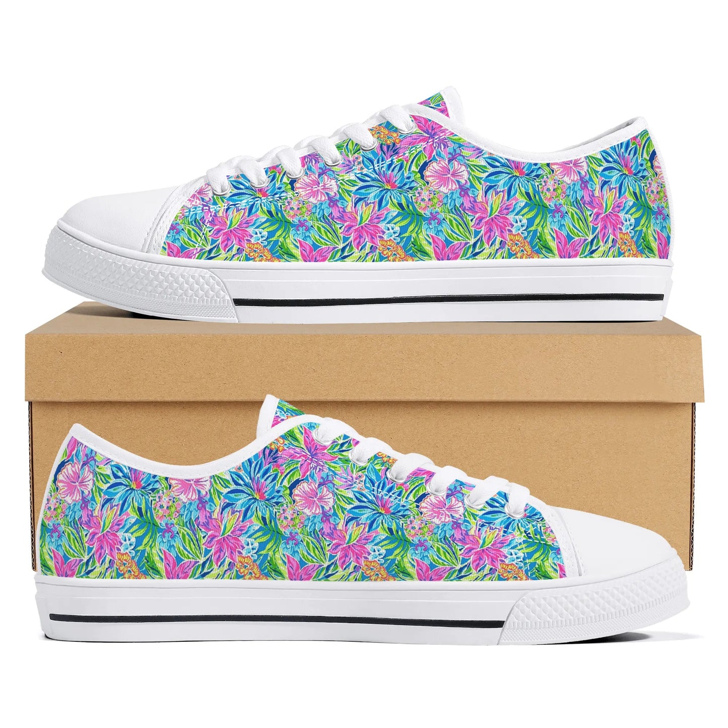 Summer Harmony: Pink and Blue Blooms with Lush Green Leaves Womens Low Top Canvas Sneakers US5.5 - US12