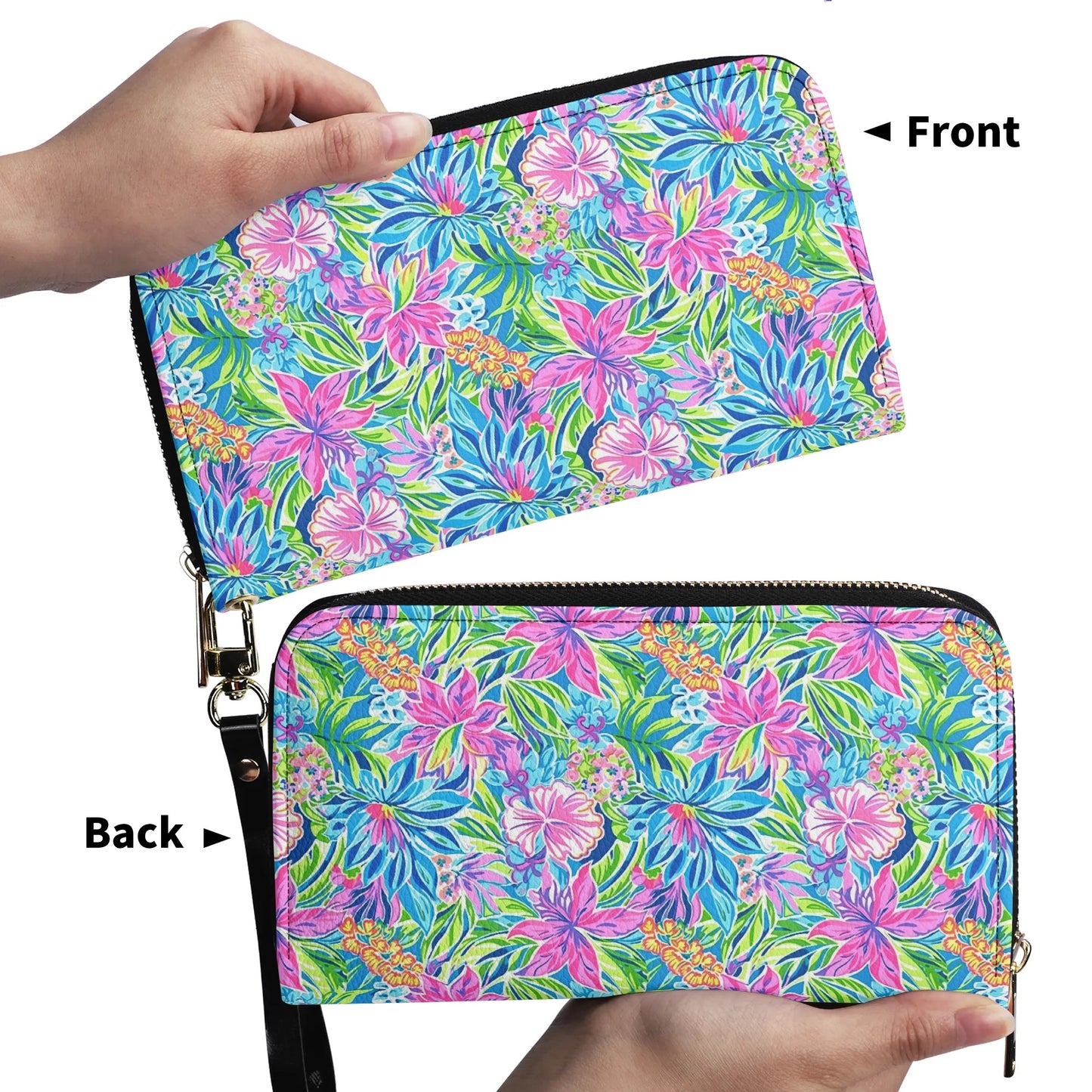 Summer Harmony: Pink and Blue Blooms with Lush Green Leaves - Leather Wallet (PU)