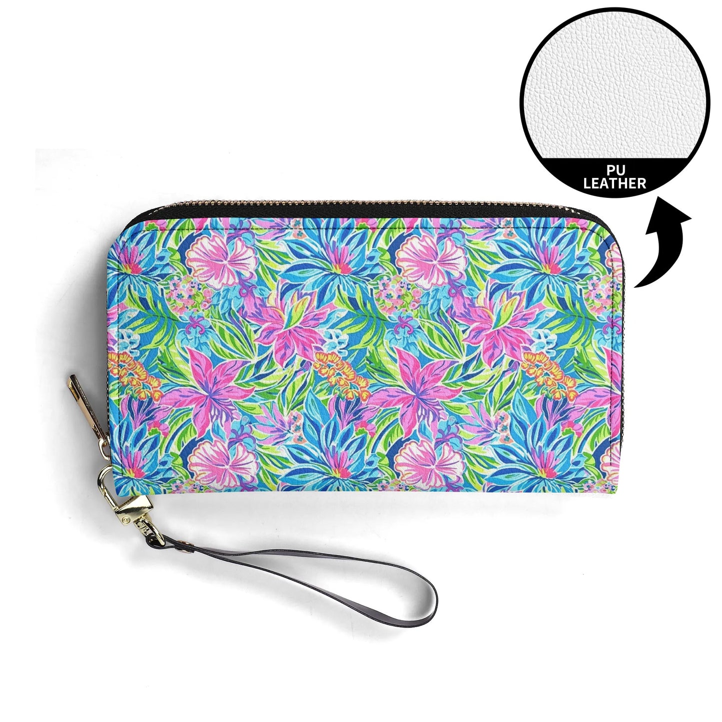 Summer Harmony: Pink and Blue Blooms with Lush Green Leaves - Leather Wallet (PU)