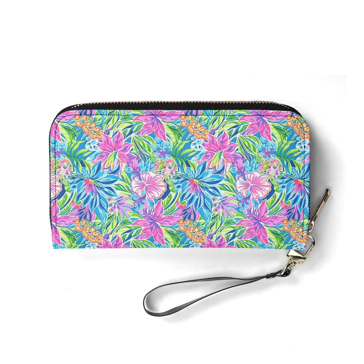 Summer Harmony: Pink and Blue Blooms with Lush Green Leaves - Leather Wallet (PU)