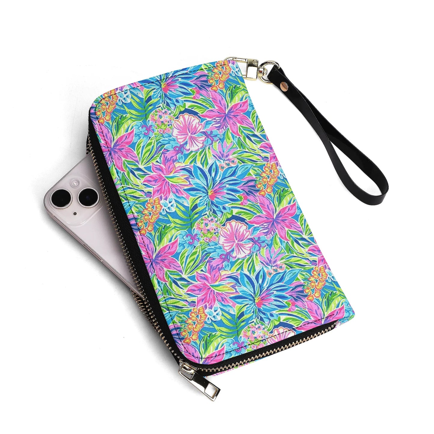 Summer Harmony: Pink and Blue Blooms with Lush Green Leaves - Leather Wallet (PU)