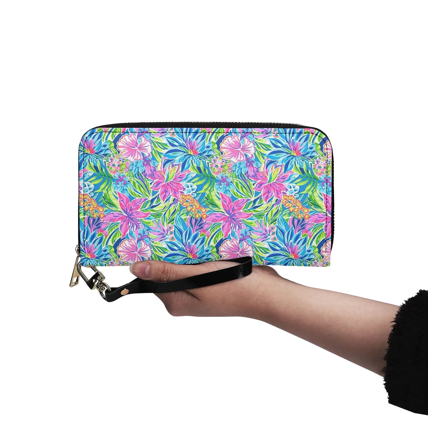 Summer Harmony: Pink and Blue Blooms with Lush Green Leaves - Leather Wallet (PU)