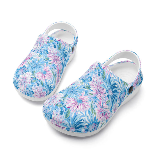 Pastel Blossom Symphony: Spring Flowers in Soft Pink and Blue Hues Casual Lightweight Slip On Nurse Style Clogs