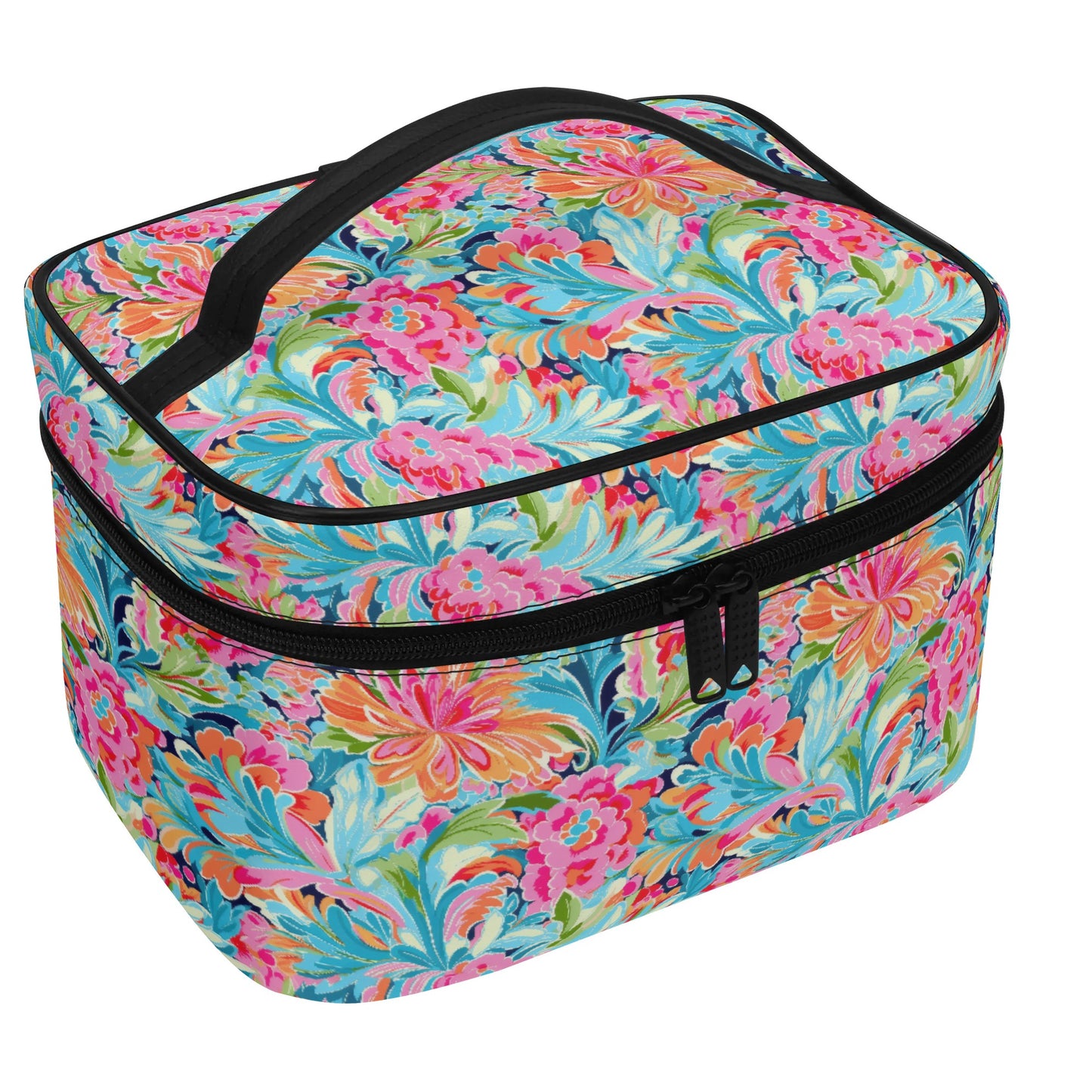 Tropical Radiance: Bursting Summer Blooms in Teal, Orange, and Pink Cosmetic or Toiletry Bag Faux Leather (PU)