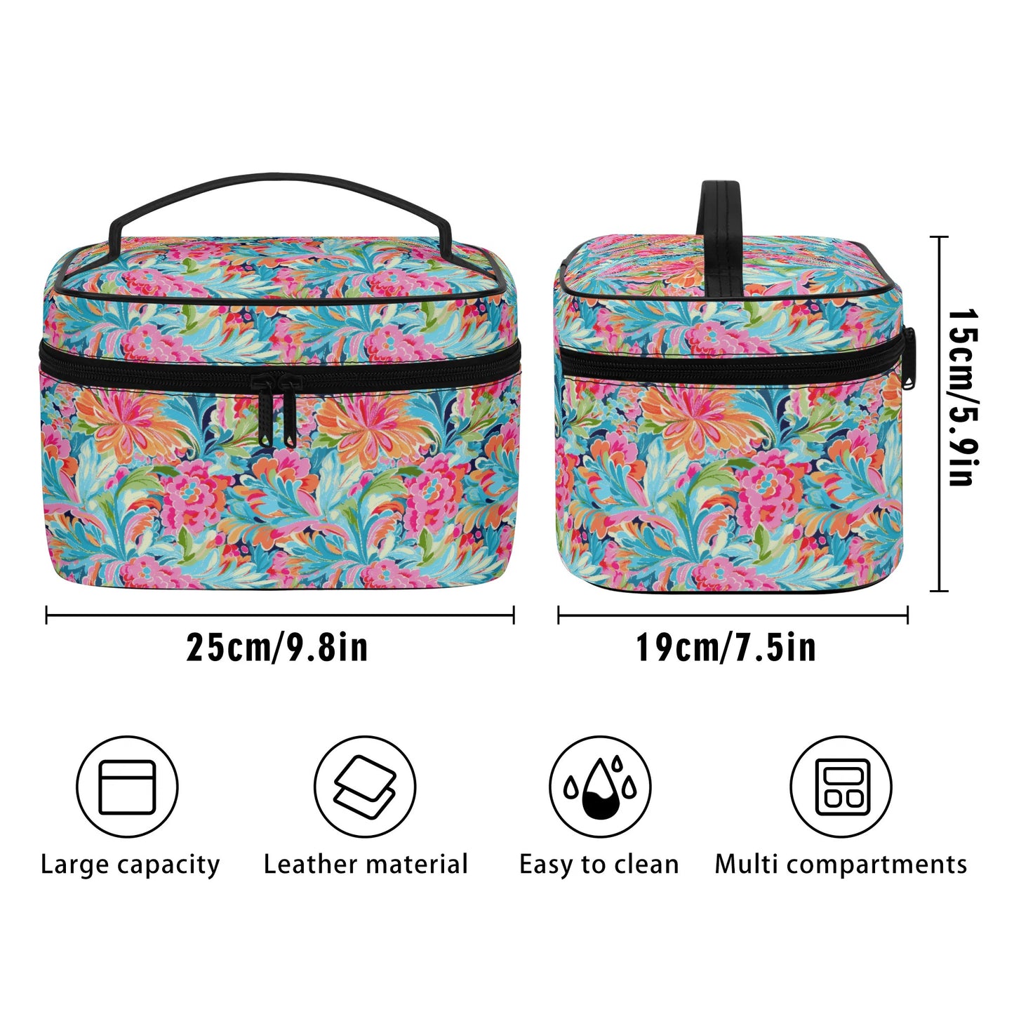 Tropical Radiance: Bursting Summer Blooms in Teal, Orange, and Pink Cosmetic or Toiletry Bag Faux Leather (PU)