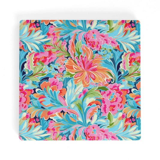 Tropical Radiance: Bursting Summer Blooms in Teal, Orange, and Pink Square Ceramic Coasters - Set of 4