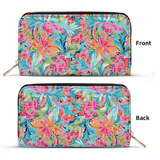 Tropical Radiance: Bursting Summer Blooms in Teal, Orange, and Pink - Leather Wallet (PU)