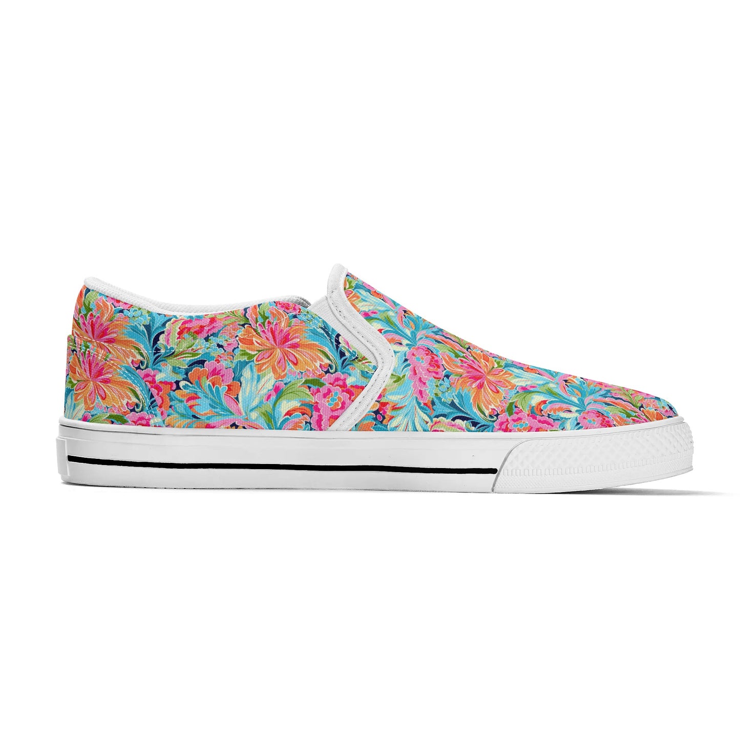 Tropical Radiance: Bursting Summer Blooms in Teal, Orange, and Pink Womens Canvas Slip On Shoes US5-US12