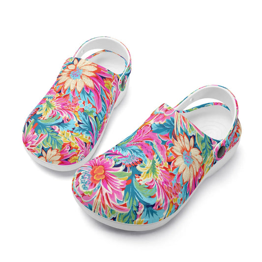 Coastal Summer Blooms: Bright Floral Watercolors in Coastal Hues Casual Lightweight Slip On Nurse Style Clogs