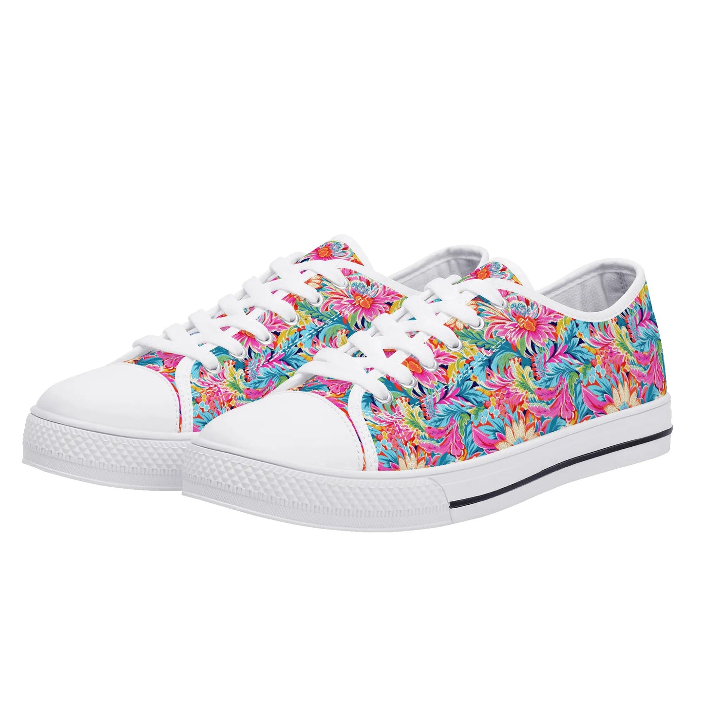 Coastal Summer Blooms: Bright Floral Watercolors in Coastal Hues Womens Low Top Canvas Sneakers US5.5 - US12