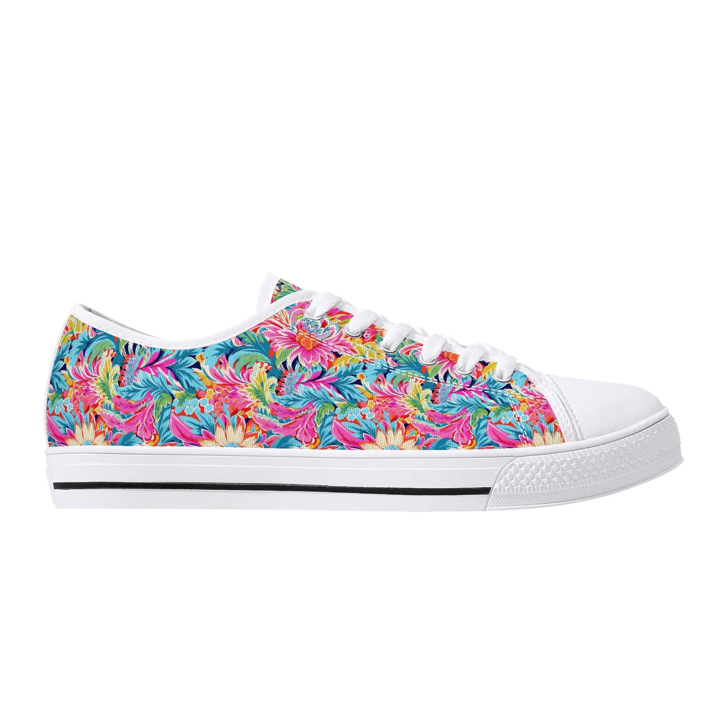 Coastal Summer Blooms: Bright Floral Watercolors in Coastal Hues Womens Low Top Canvas Sneakers US5.5 - US12