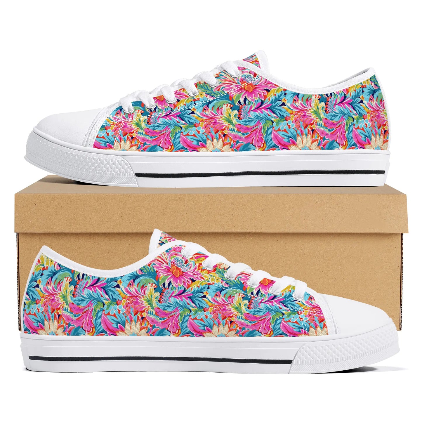 Coastal Summer Blooms: Bright Floral Watercolors in Coastal Hues Womens Low Top Canvas Sneakers US5.5 - US12