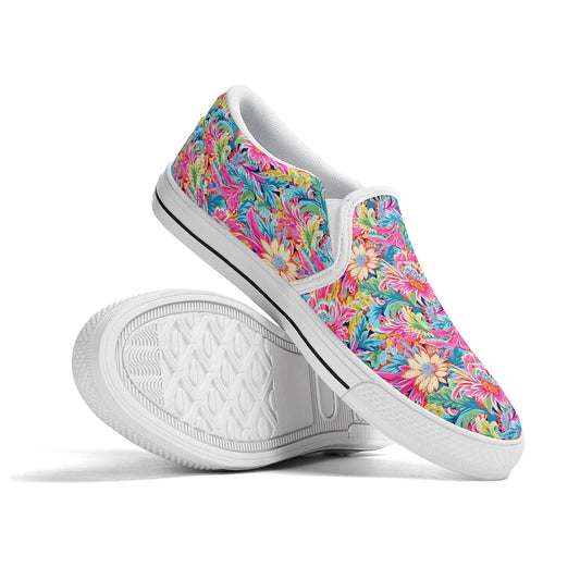 Coastal Summer Blooms: Bright Floral Watercolors in Coastal Hues Womens Canvas Slip On Shoes US5-US12