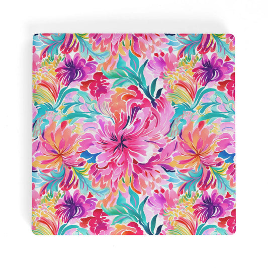 Rainbow Tropics: Watercolor Flowers in Vibrant Pink, Green and Orange Hues Square Ceramic Coasters - Set of 4