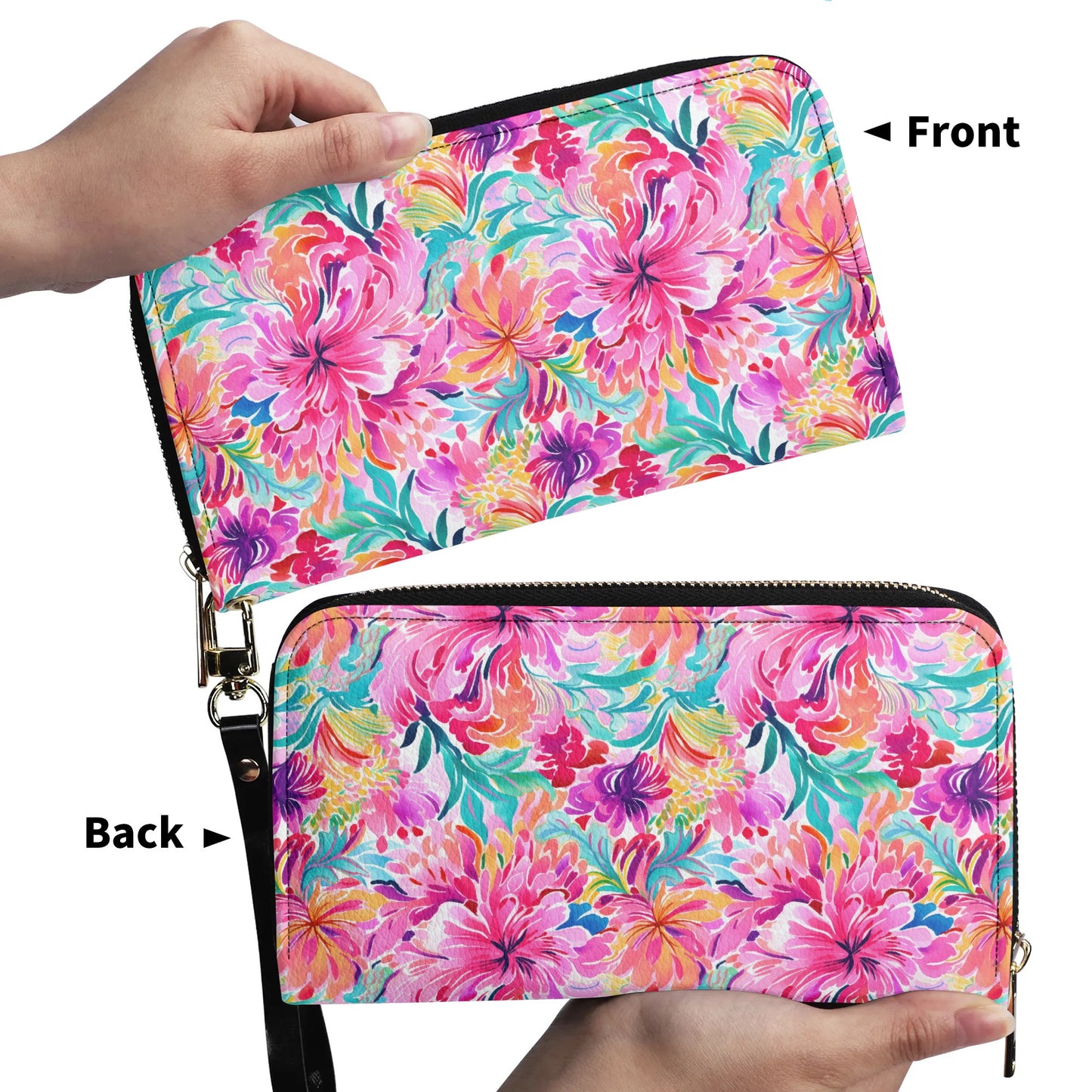 Rainbow Tropics: Watercolor Flowers in Vibrant Pink, Green and Orange Hues - Leather Wallet (PU)