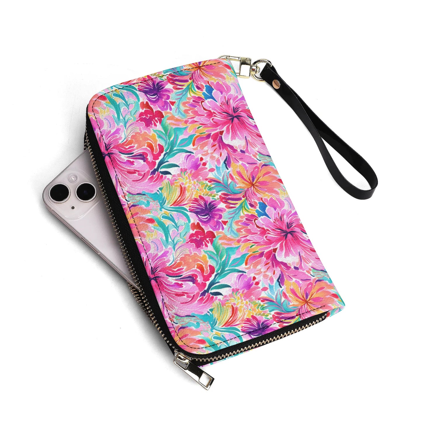 Rainbow Tropics: Watercolor Flowers in Vibrant Pink, Green and Orange Hues - Leather Wallet (PU)