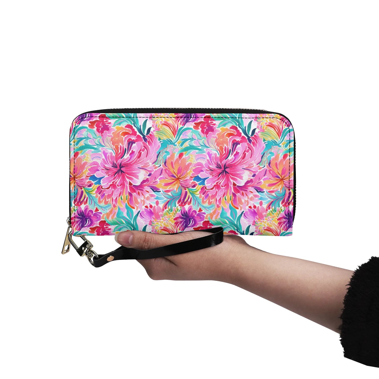 Rainbow Tropics: Watercolor Flowers in Vibrant Pink, Green and Orange Hues - Leather Wallet (PU)