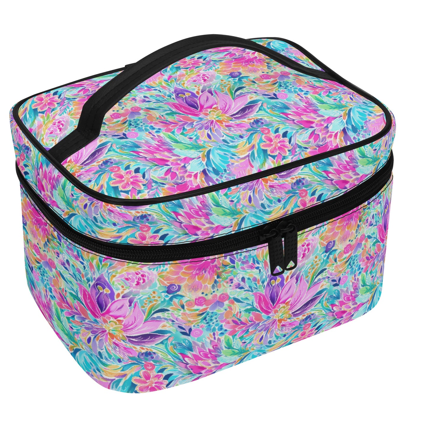 Tropical Prism: Rainbow Watercolor Flowers in Full Bloom Cosmetic or Toiletry Bag Faux Leather (PU)