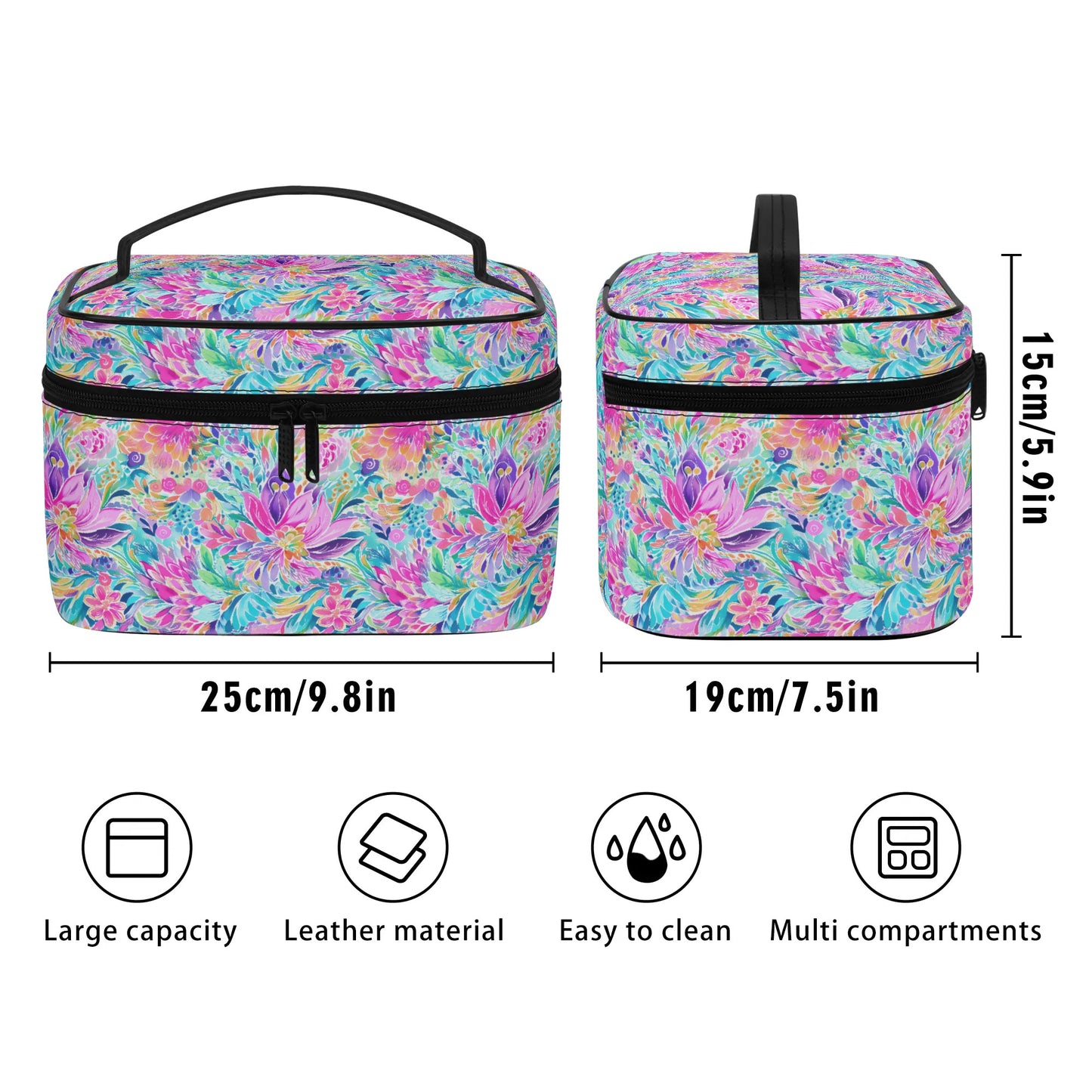 Tropical Prism: Rainbow Watercolor Flowers in Full Bloom Cosmetic or Toiletry Bag Faux Leather (PU)