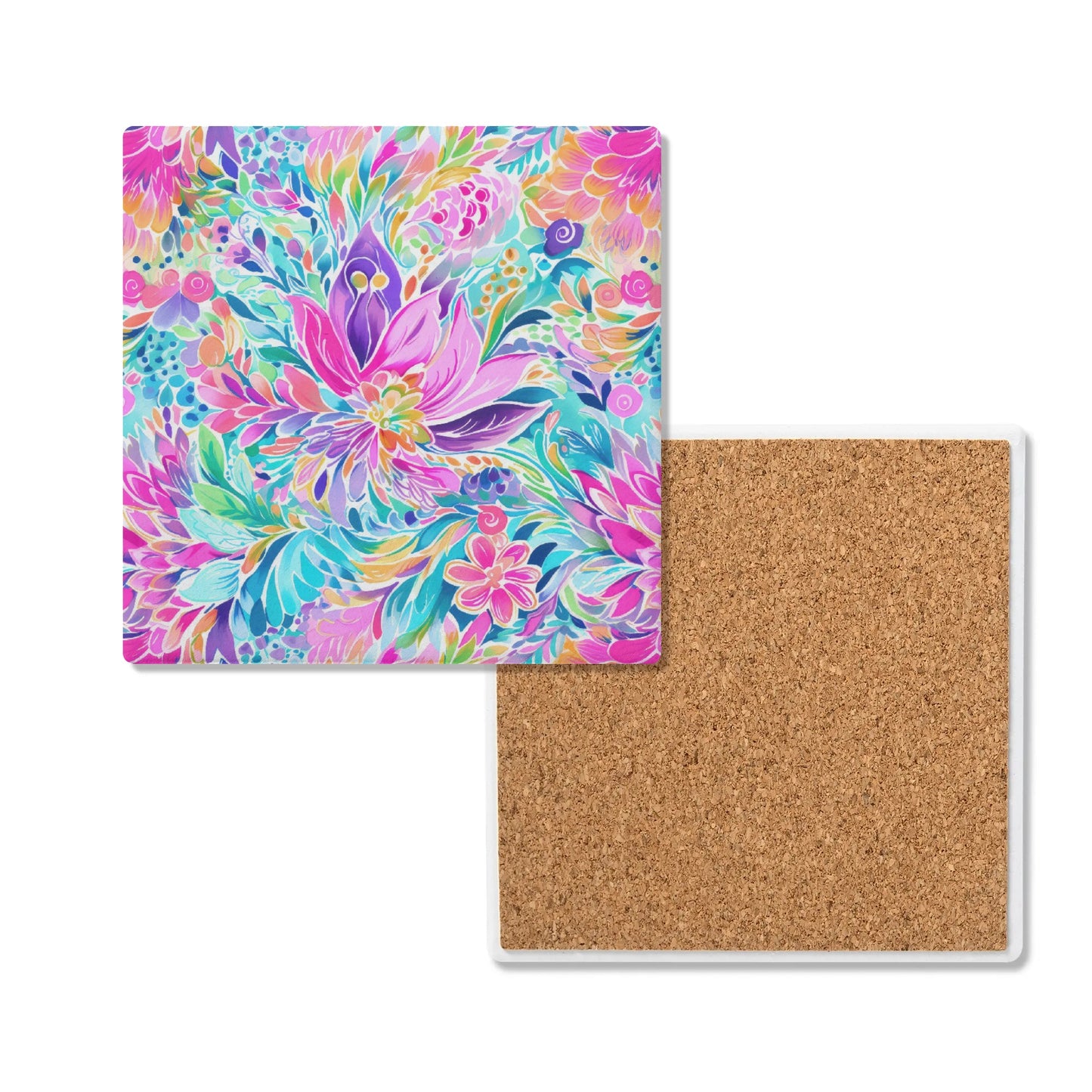 Tropical Prism: Rainbow Watercolor Flowers in Full Bloom Square Ceramic Coasters - Set of 4