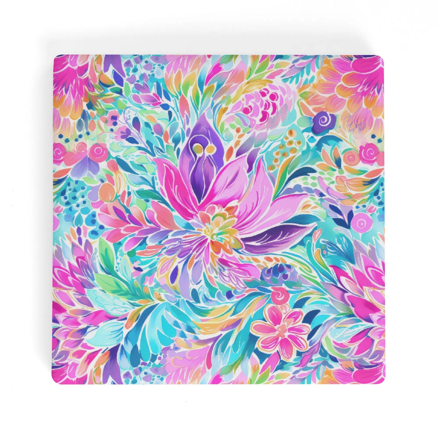 Tropical Prism: Rainbow Watercolor Flowers in Full Bloom Square Ceramic Coasters - Set of 4