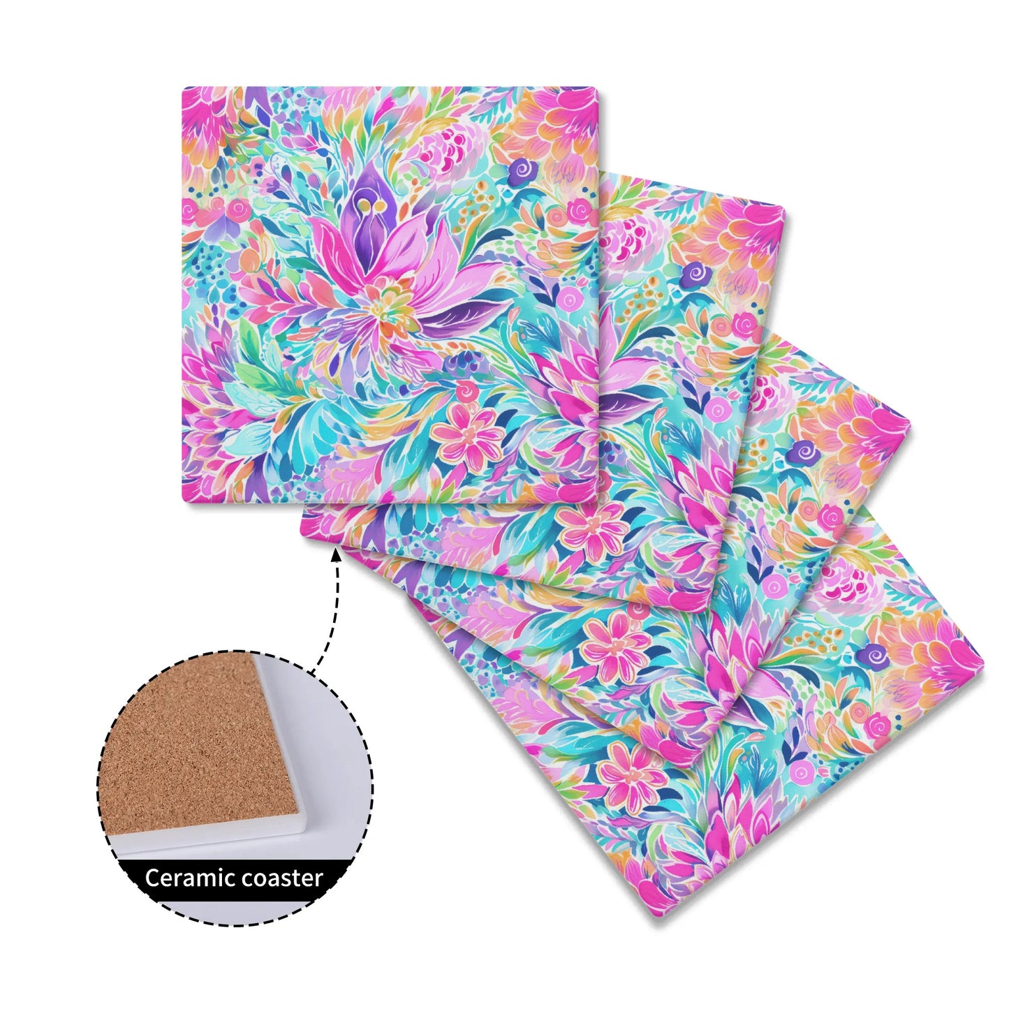 Tropical Prism: Rainbow Watercolor Flowers in Full Bloom Square Ceramic Coasters - Set of 4