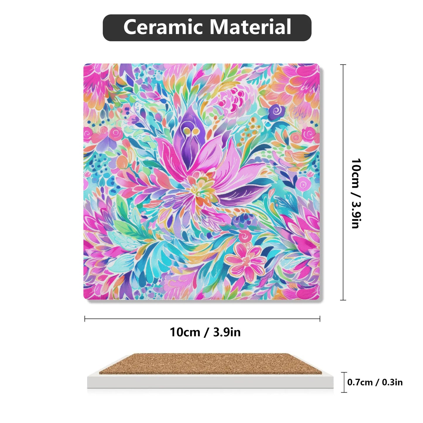 Tropical Prism: Rainbow Watercolor Flowers in Full Bloom Square Ceramic Coasters - Set of 4