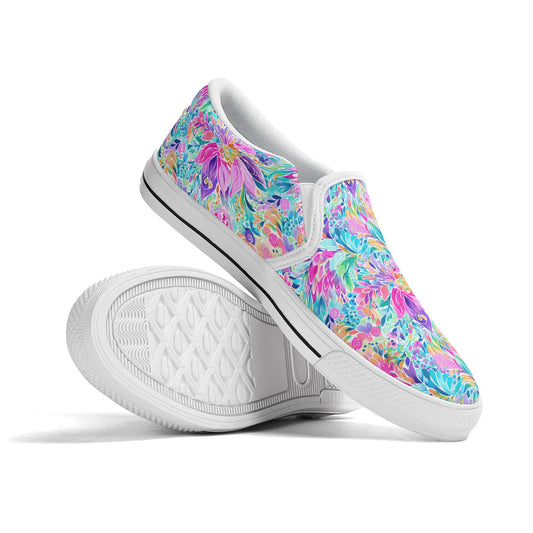 Tropical Prism: Rainbow Watercolor Flowers in Full Bloom Womens Canvas Slip On Shoes US5-US12