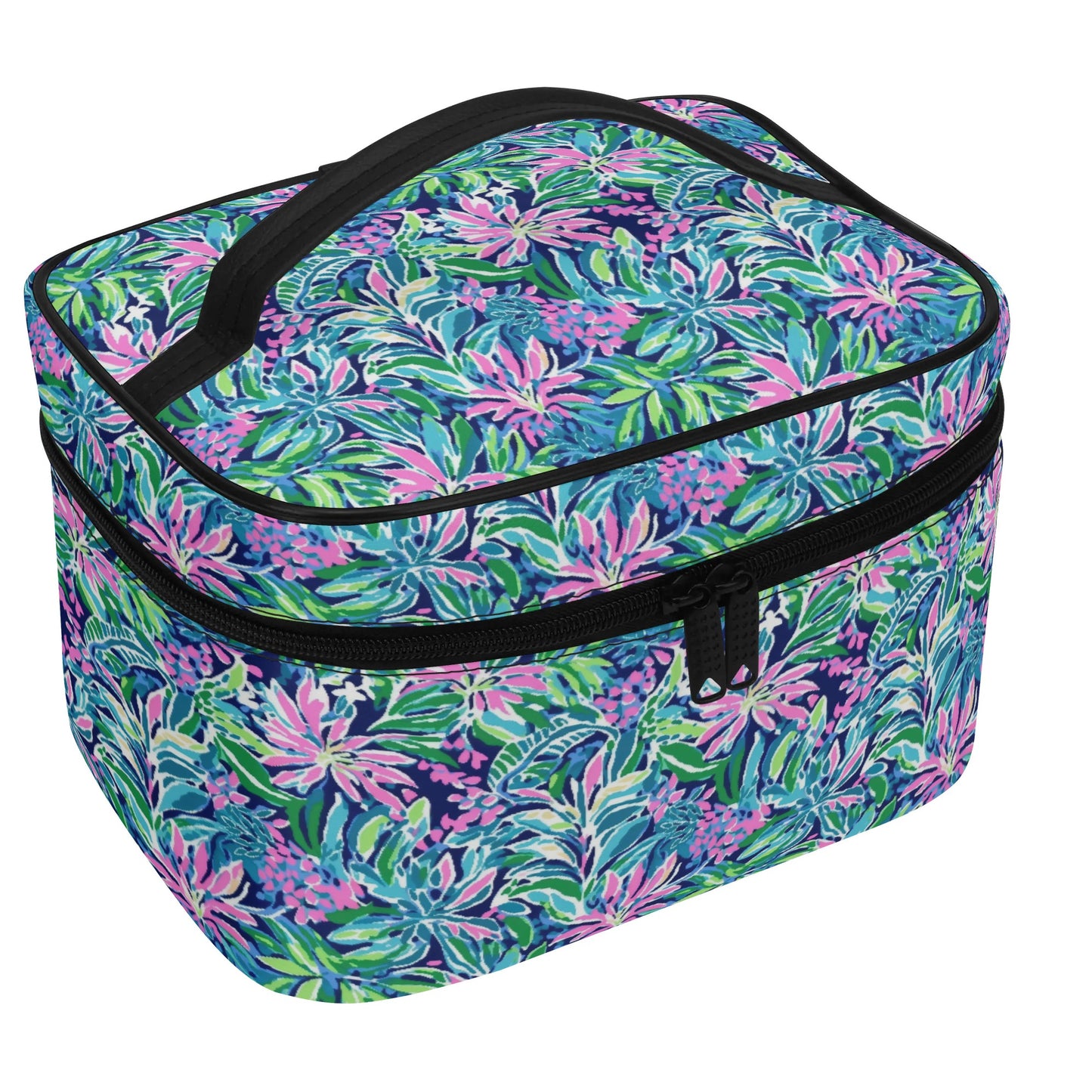 Seaside Blossoms: Coastal Spring Flowers in Pink, Green, and Navy Watercolors Cosmetic or Toiletry Bag Faux Leather (PU)