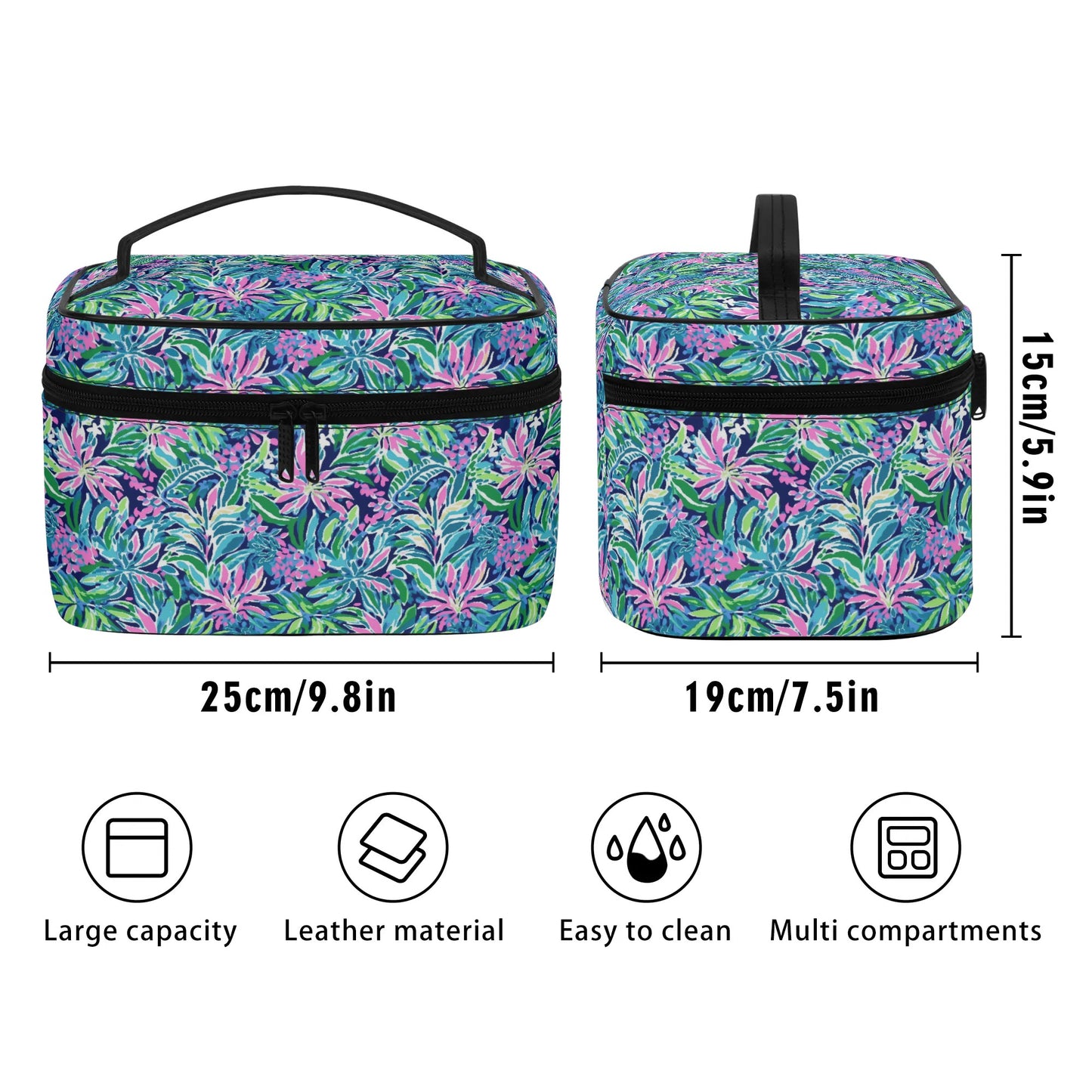 Seaside Blossoms: Coastal Spring Flowers in Pink, Green, and Navy Watercolors Cosmetic or Toiletry Bag Faux Leather (PU)