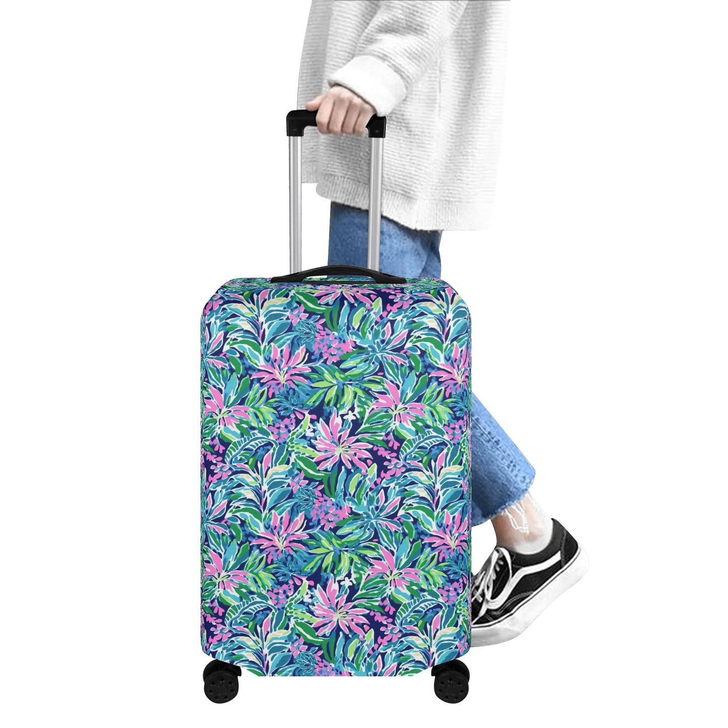 Seaside Blossoms: Coastal Spring Flowers in Pink, Green, and Navy Watercolors Luggage Protector and Cover 4 Sizes