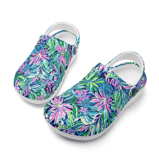 Seaside Blossoms: Coastal Spring Flowers in Pink, Green, and Navy Watercolors Casual Lightweight Slip On Nurse Style Clogs