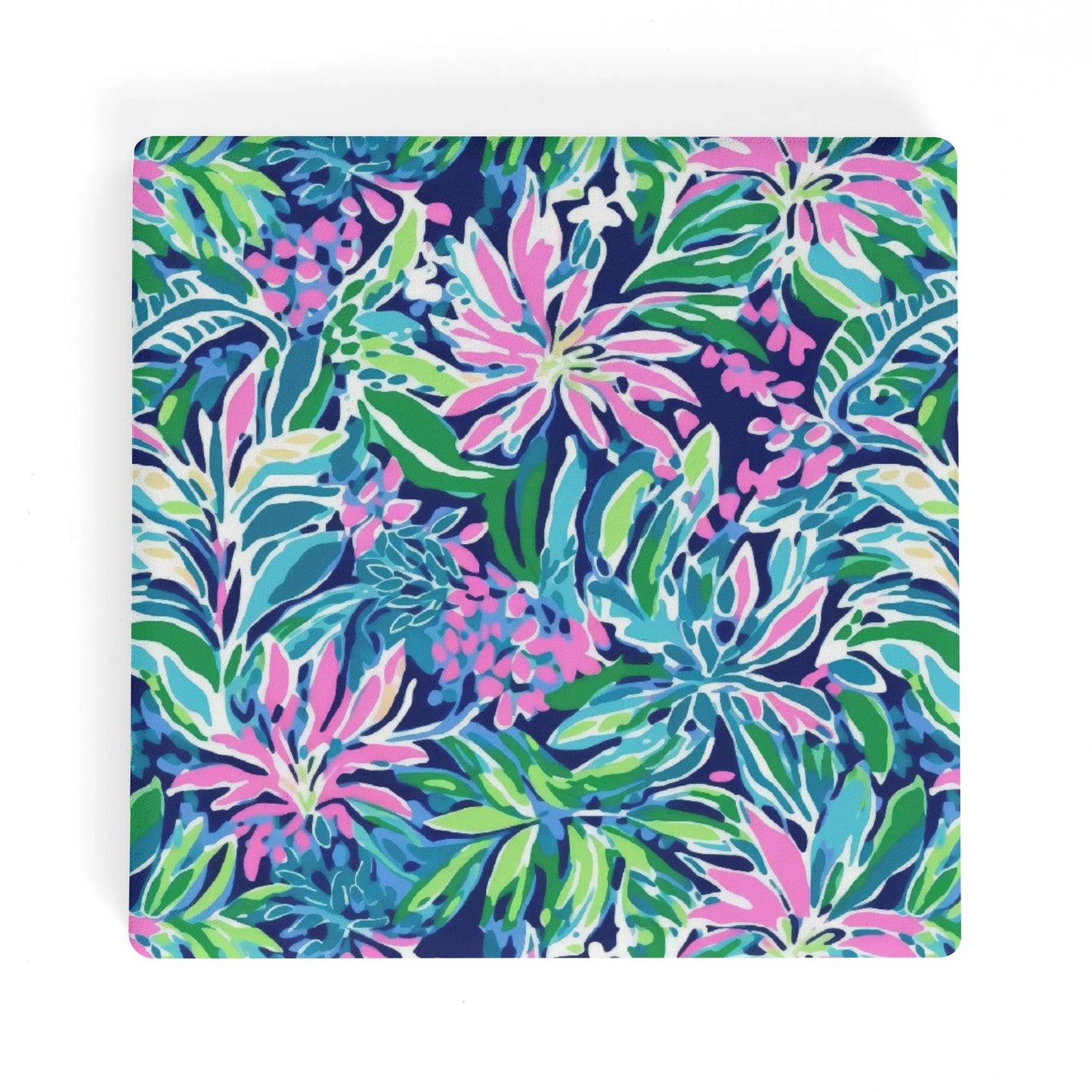 Seaside Blossoms: Coastal Spring Flowers in Pink, Green, and Navy Watercolors Square Ceramic Coasters - Set of 4